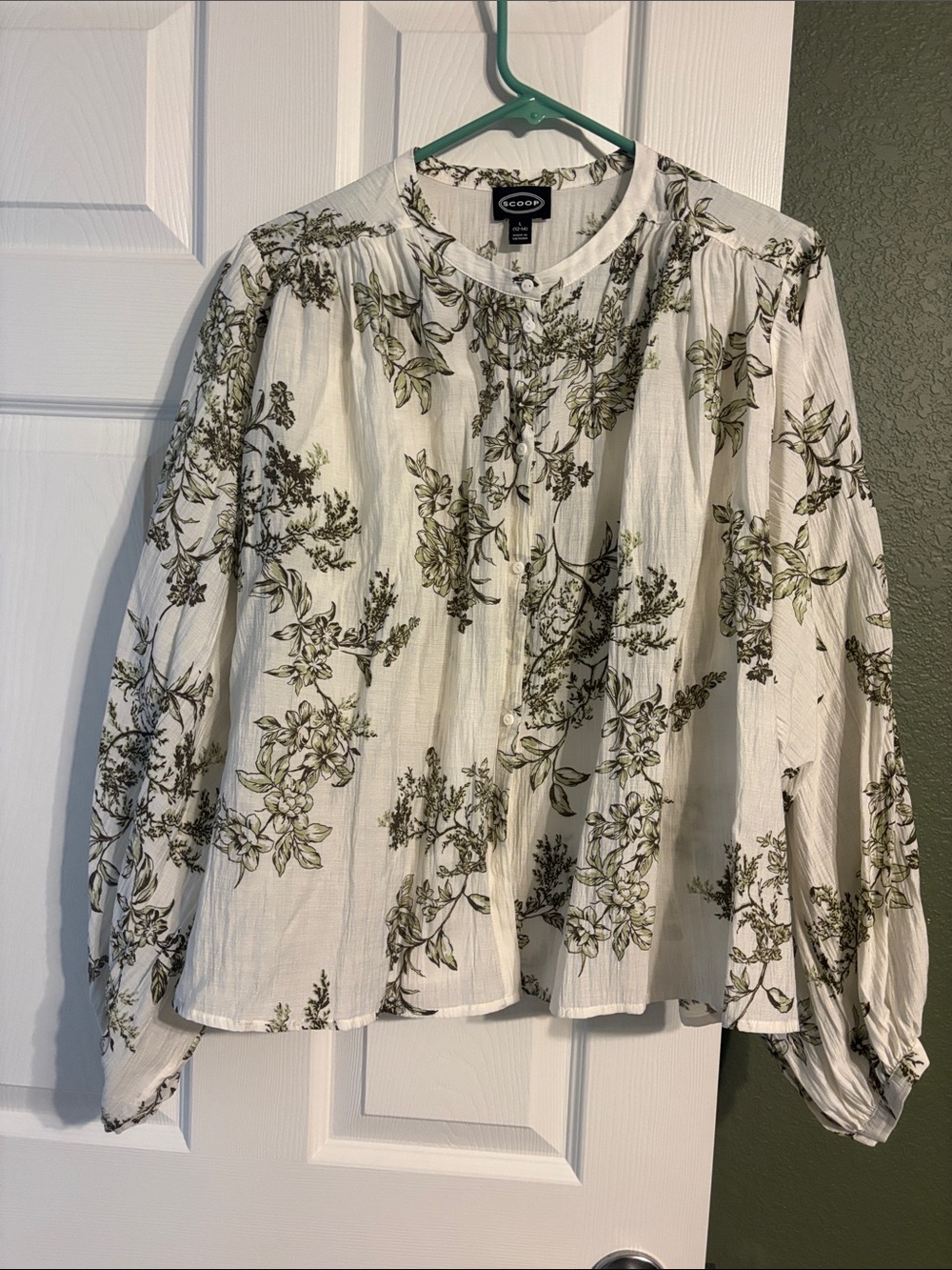 Olive Floral Button-Front Peasant Blouse - White/Olive